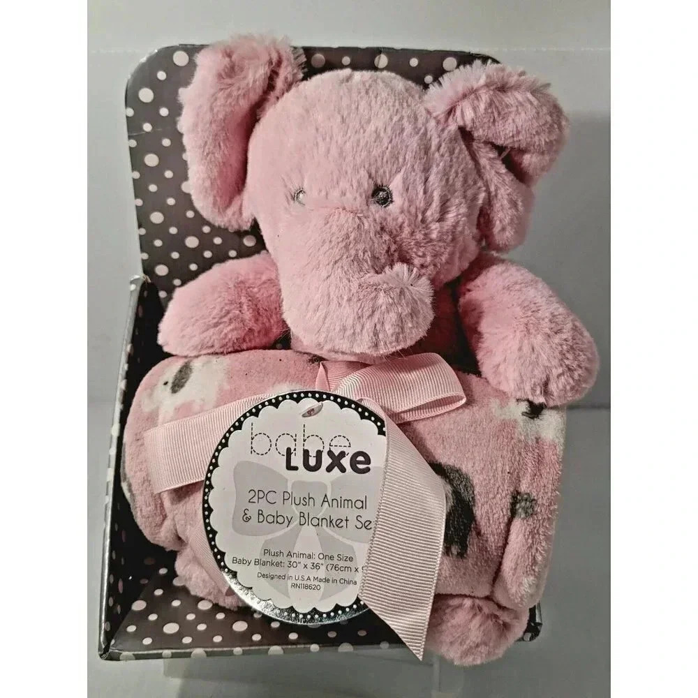 Babe Lux Plush Animal Elephant and Baby Blanket Set Pink and White New